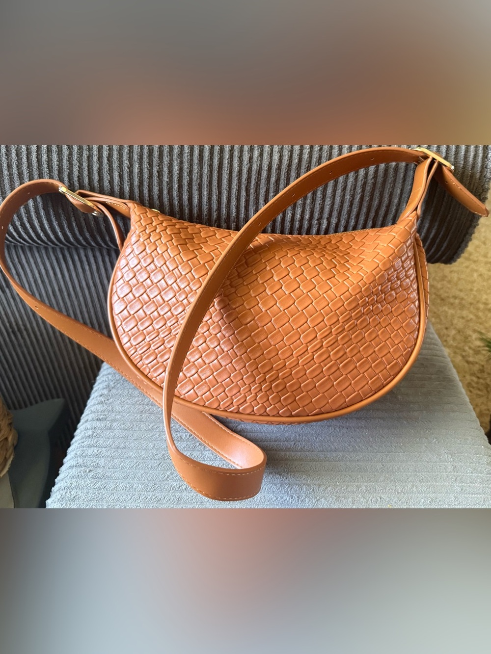 Bostanten Brown Woven Crescent Shoulder Crossbody Bag Faux Leather